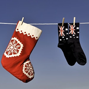 Christmas stockings hanging on washing line