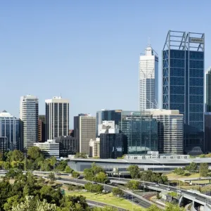 City skyline and freeways, Perth, Western Australia, Australia City skyline and freeways, Perth, Western Australia, Australia