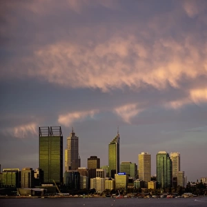 City skyline on water at sunset, Perth, Australia