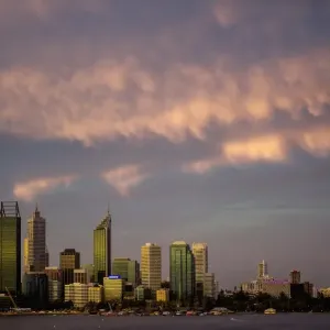 City skyline on water at sunset, Perth, Australia City skyline on water at sunset, Perth, Australia