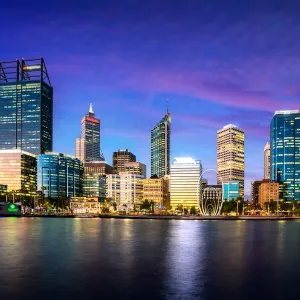 Cityscape of Perth business district skyline in evening at Elizabeth quay waterfront in