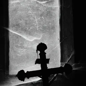 Close-up of a crucifix photographed against the light in front of a window covered by dust and spider webs at the Pere Lachaise cemetery in Paris, France
