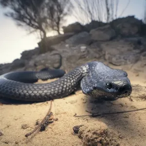 Close-up of a wild tiger snake (Notechis scutatus) with dramatic sunset and rock background from South Australia
