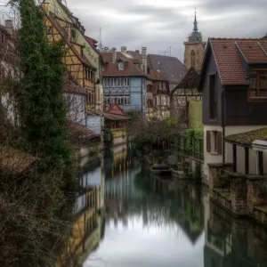 Colmar Old Town Print - Canal Reflections with City Cathedral