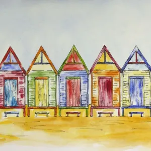 Colorful Beach Shacks Print - A row of retro wooden shacks on sandy beach Colorful Beach Shacks Print - A row of retro wooden shacks on sandy beach