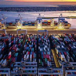 Colourful containers in the Port Melbourne cargo area at nigh ttime