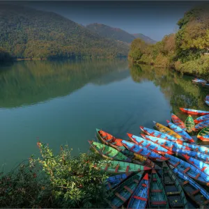 Colourful hire boats tied up on the shoreline of Lake Pokhara, Nepal