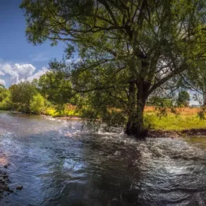 Corryong creek panorama in early summer, Upper Murray, north east Victoria, Australia