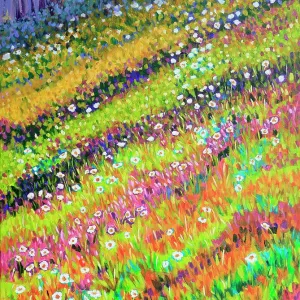 Daisies Growing on a Country Hillside Original Acrylic Painting