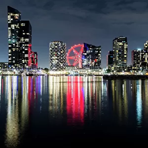 Docklands city skyline and Melbourne Star Observation Wheel illuminated at night