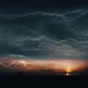 Dramatic scene showing lightning from a violent thunderstorm, Kununurra, Western Australia, Australia