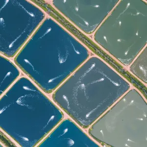 Drone perspective directly above aquaculture ponds, Queensland, Australia Drone perspective directly above aquaculture ponds, Queensland, Australia