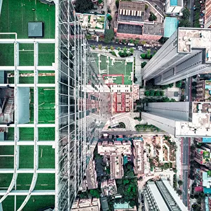 Drone photo of city streets and buildings in Chengdu, China