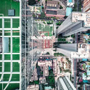 Drone photo of city streets and buildings in Chengdu, China