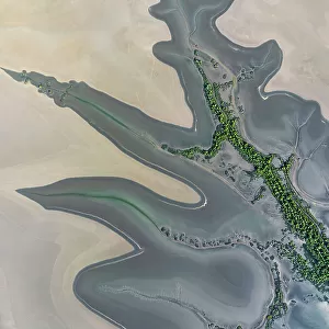 Drone shot looking down on the edge of a flood plain, Wyndham, Western Australia, Australia