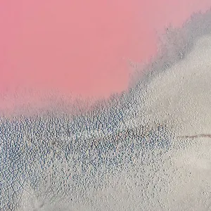 Drone view point of the pink shades of color, patterns and textures over Pink Lake waters with dark salty sandy soil Drone view point of the pink shades of color, patterns and textures over Pink Lake waters with dark salty sandy soil