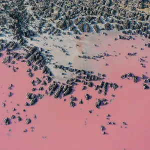 Drone view point of the pink shades of color, patterns and textures over Pink Lake waters with dark salty sandy soil Drone view point of the pink shades of color, patterns and textures over Pink Lake waters with dark salty sandy soil