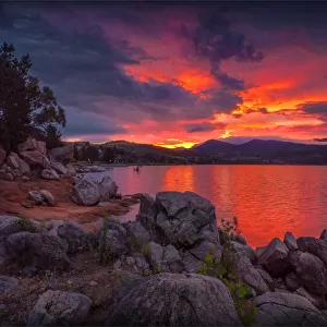 Dusk colours light up the sky at lake Jindabyne, Alpine High Country, Southern NSW
