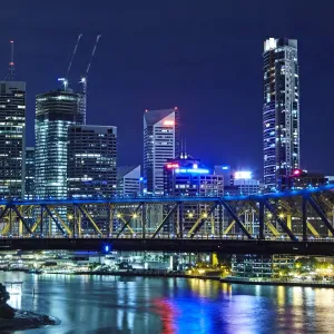 Elevated skyline of Brisbanes Central Business District with Story Bridge