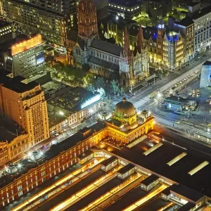 Elevated view of Flinders street station at night