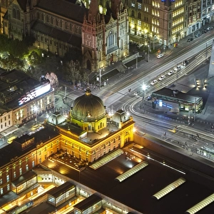 Elevated view of Flinders street station at night