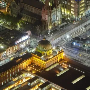 Elevated Nighttime Print of Flinders Street Station and St Paul's Cathedral