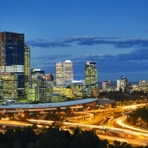 Elevated view of Perth business district at dusk