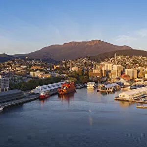 Elevated View of the Skyline of Hobart and Mt Wellington at Sunrise