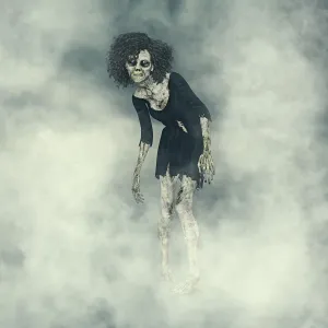 Zombi femmina con occhi che brillano emergente dalla nebbia.
