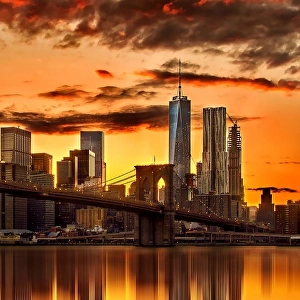 A fiery sunset over the Manhattan skyline