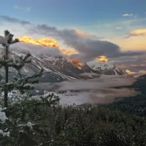 Fiery Sunset Print on the Dolomites Mountains