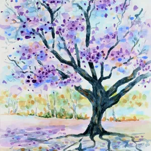 Flowering Jacaranda Tree Landscape Watercolor Painting