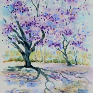 Flowering Jacaranda Trees Landscape Watercolor Painting