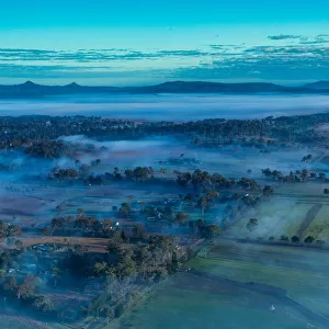 Foggy morning view from the sky in the Scenic Rim Region, Queensland, Australia