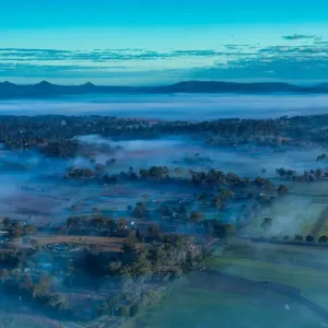 Foggy morning view from the sky in the Scenic Rim Region, Queensland, Australia