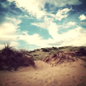 Footprints in the sand leading over a sand dune Footprints in the sand leading over a sand dune