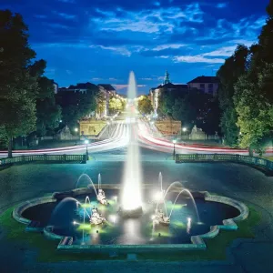 Fountain with Prinzregenten Street Munich at dawn