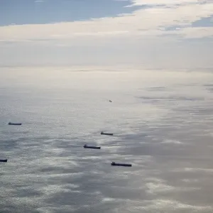 Freighters on the open sea, aerial view