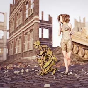 Futuristic girl with robot in ruined city with tank