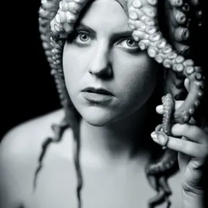 Mädchen mit Octopuß auf ihrem Kopf