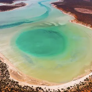High angle perspective showing Big Lagoon in Francois Peron National Park, Shark Bay, Western Australia, Australia