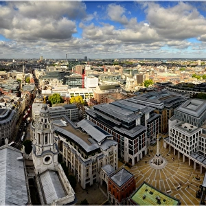 A high elevational view of the city of London, from the vantage point atop St. Pauls Cathedral, London England