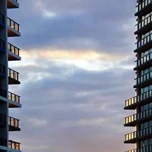 High rise apartment buildings at sunset