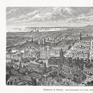 Historical view of Melbourne, Victoria, Australia, wood engraving, published 1897