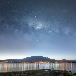 Hobart, Tasmania by night, under the Milky Way