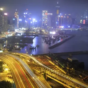 Hong Kong Print: Foggy Night Aerial View of Victoria Harbor