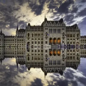 Hungarian Parliament Building sunset reflection