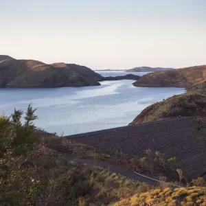 Lake Argyle Dam wall at sunrise, East Kimberley, Western Australia Lake Argyle Dam wall at sunrise, East Kimberley, Western Australia