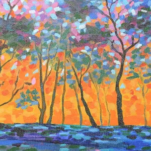Landscape of Sun Setting through Silhouetted Trees Original Acrylic Painting