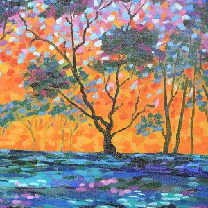 Landscape of Sun Setting through Silhouetted Trees Original Acrylic Painting
